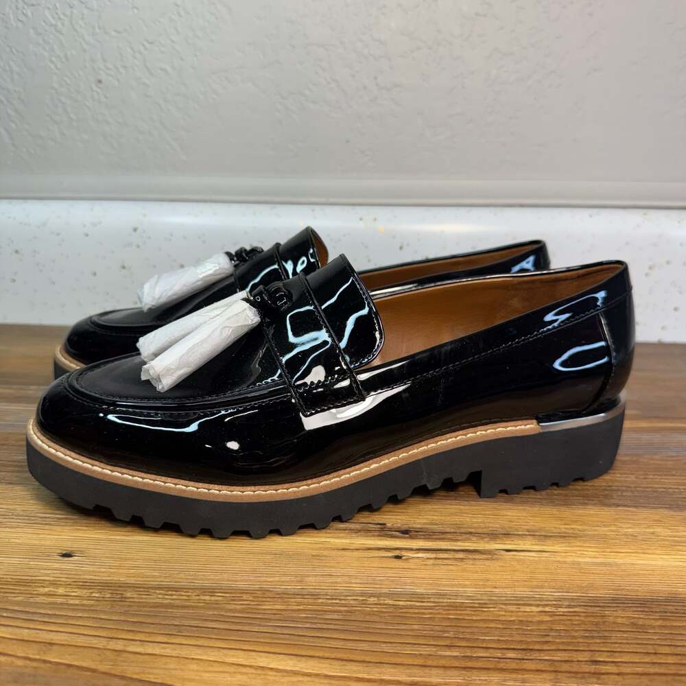 Franco Sarto Womens Carolynn Tassel Lug Sole Loafer Black Patent 8.5